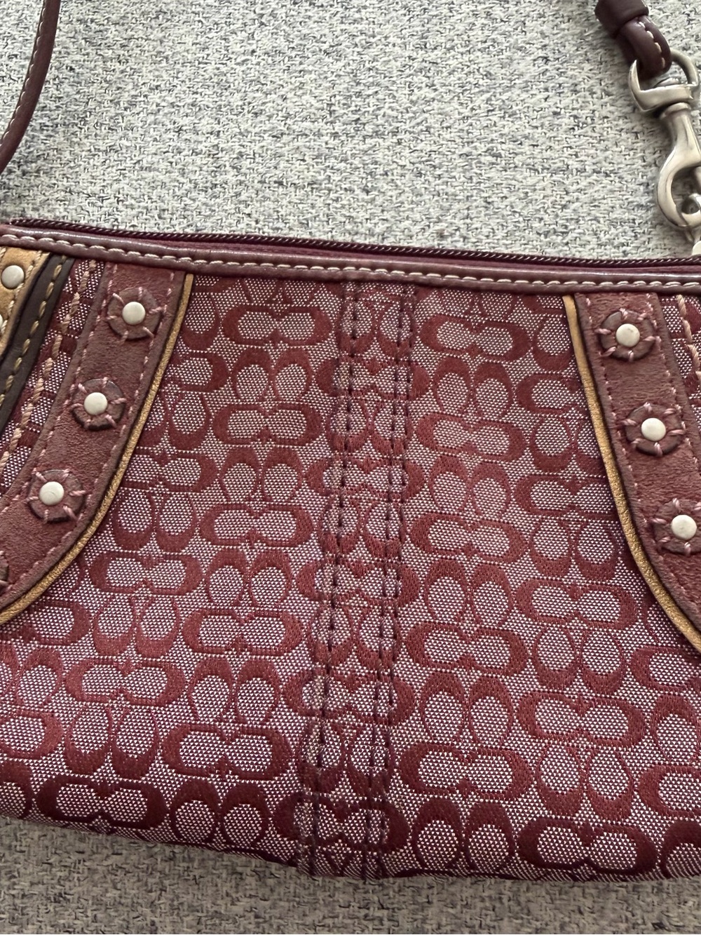 Coach Studded Signature Wristlet in Burgundy and Tan - Picture 4 of 6